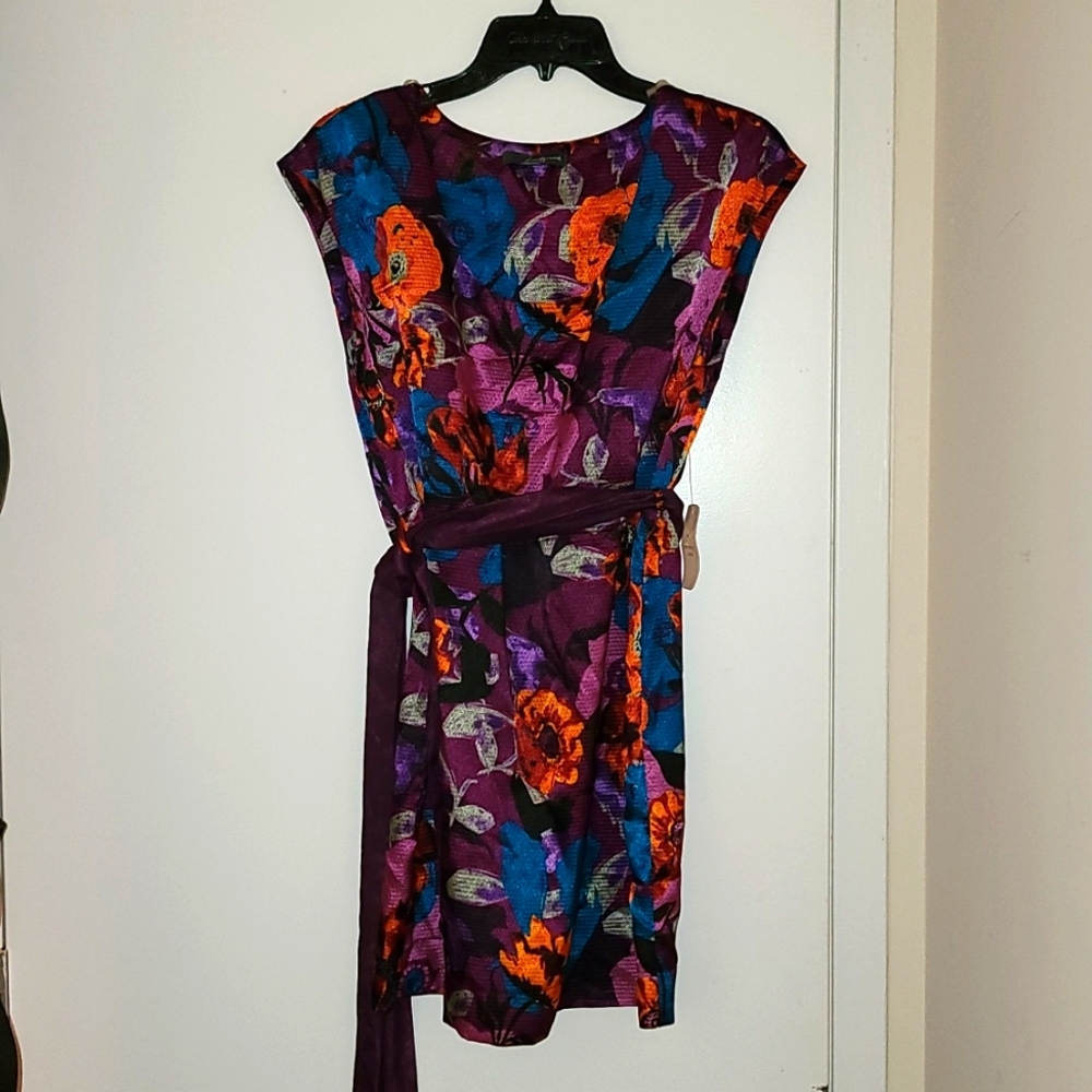 Forever 21 Retro Floral Crew Neck Mini Dress - Belted Orange & Purple